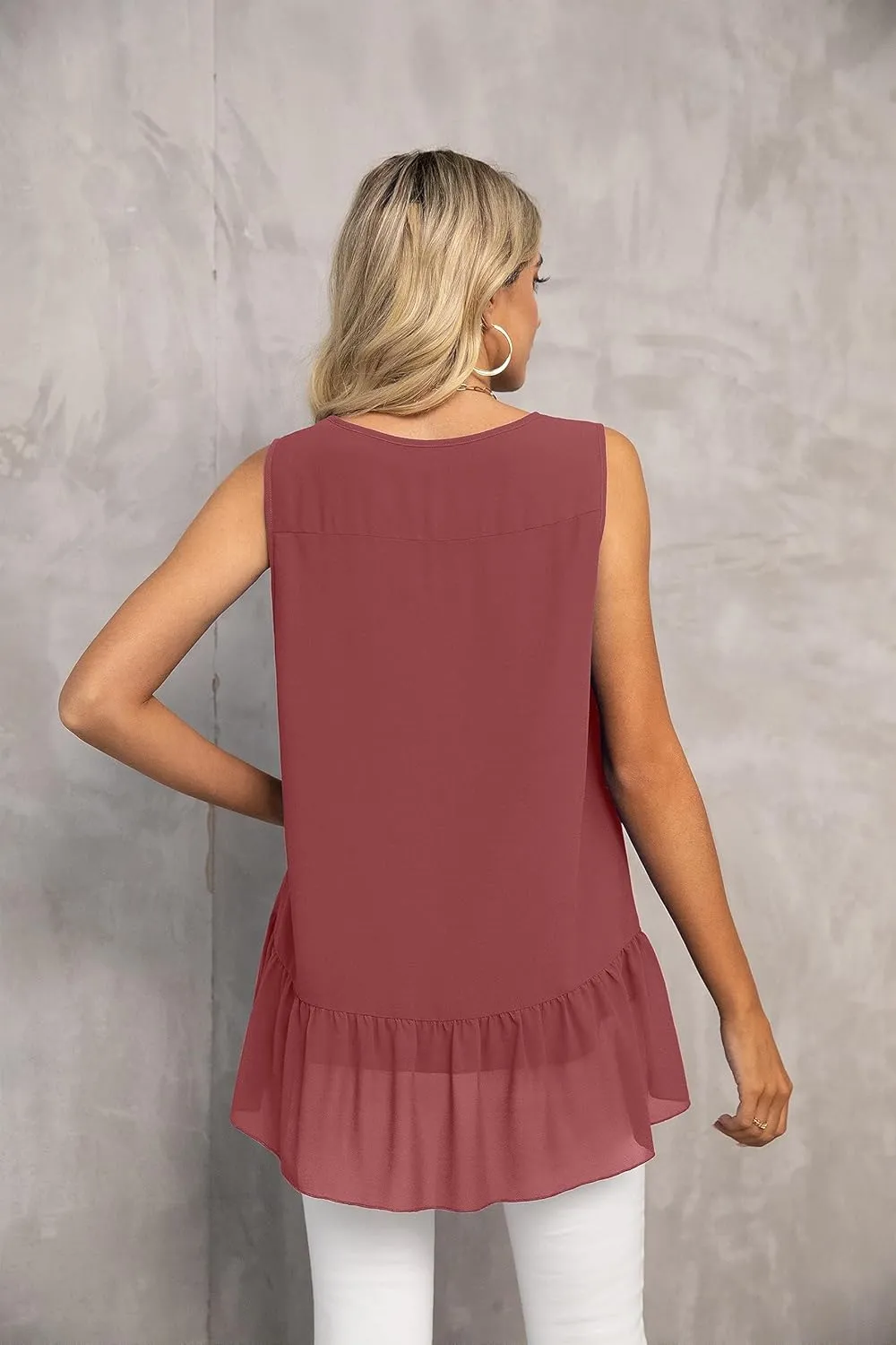 VIISHOW Women's 2023 Summer Sleeveless V Neck Chiffon Tank Top Double Layers Ruffle Hem Casual Blouse Tunic