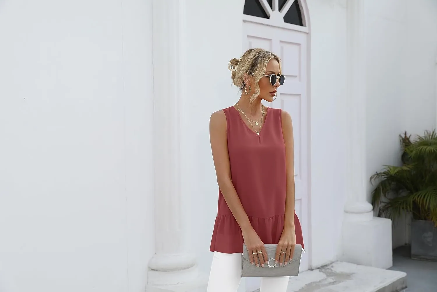 VIISHOW Women's 2023 Summer Sleeveless V Neck Chiffon Tank Top Double Layers Ruffle Hem Casual Blouse Tunic