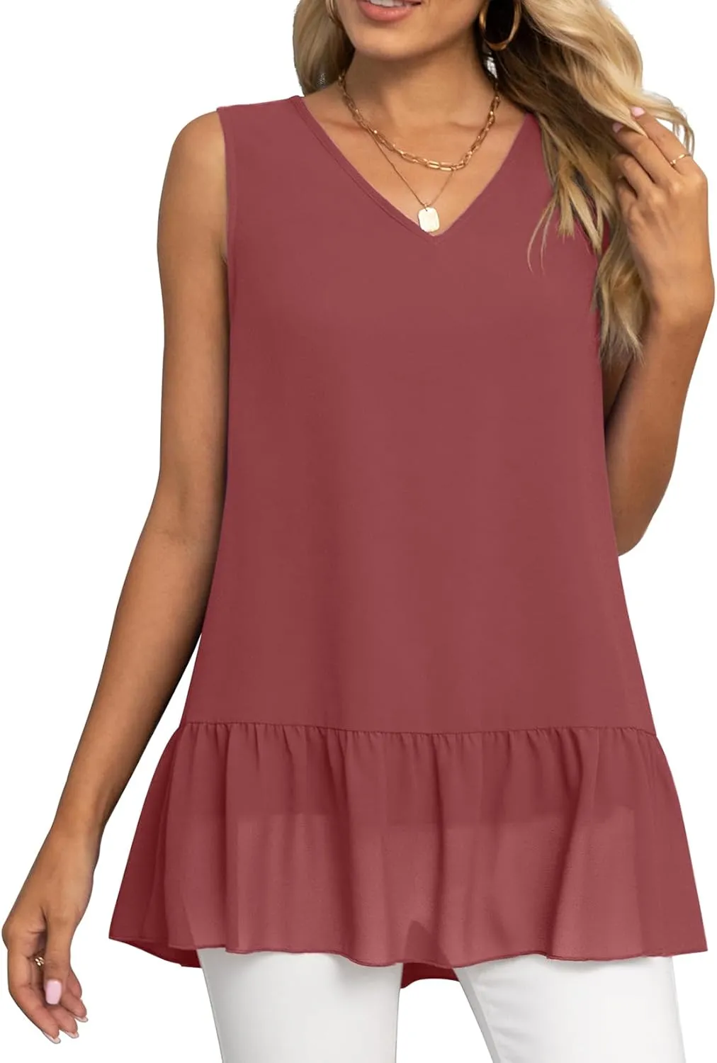 VIISHOW Women's 2023 Summer Sleeveless V Neck Chiffon Tank Top Double Layers Ruffle Hem Casual Blouse Tunic