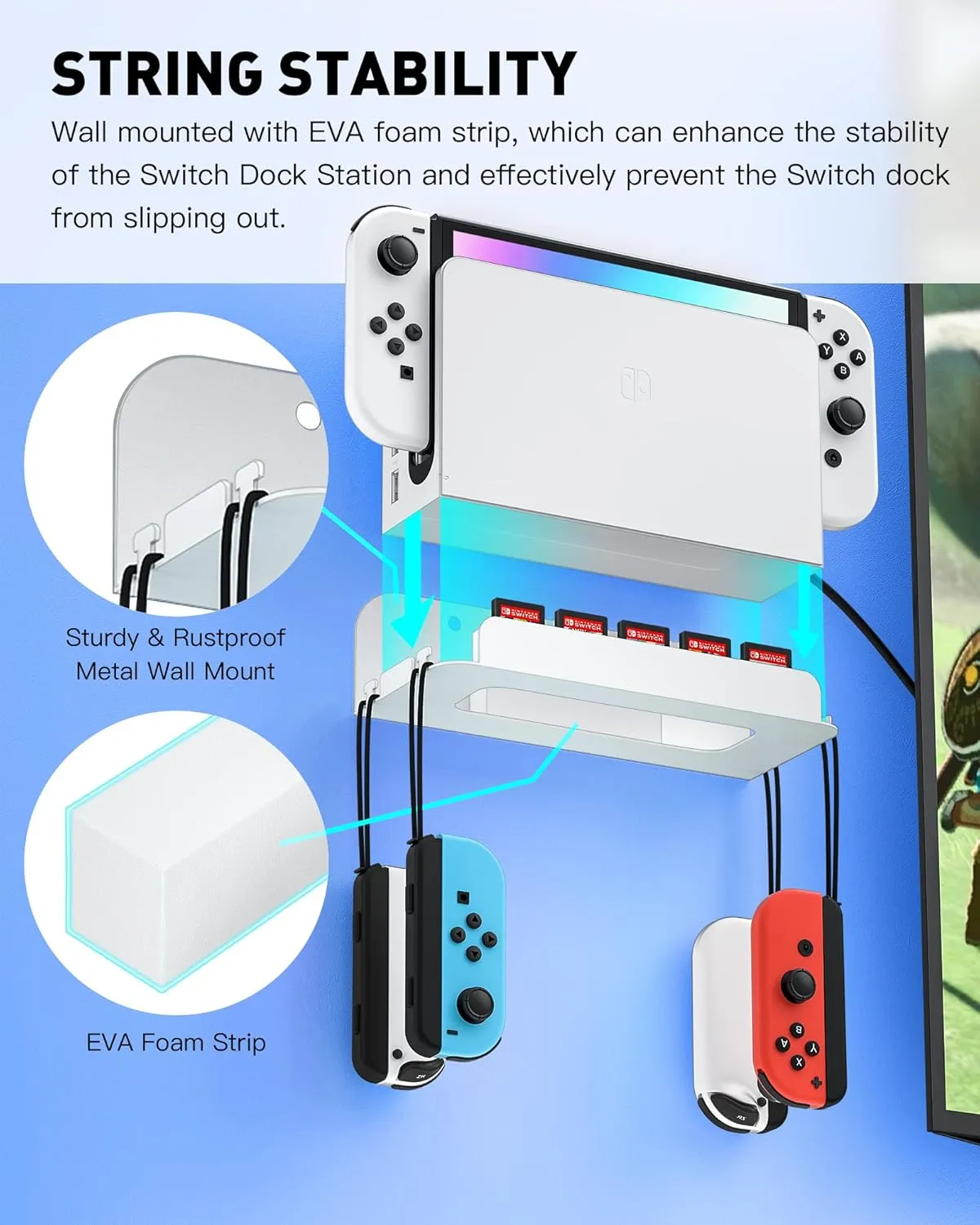 Wall Mount for Nintendo Switch and Switch OLED, Metal Wall Mount Kit Shelf with 5 Game Card Holders and 4 Joy Con Hanger, Safely Store Switch Near or Behind TV, White