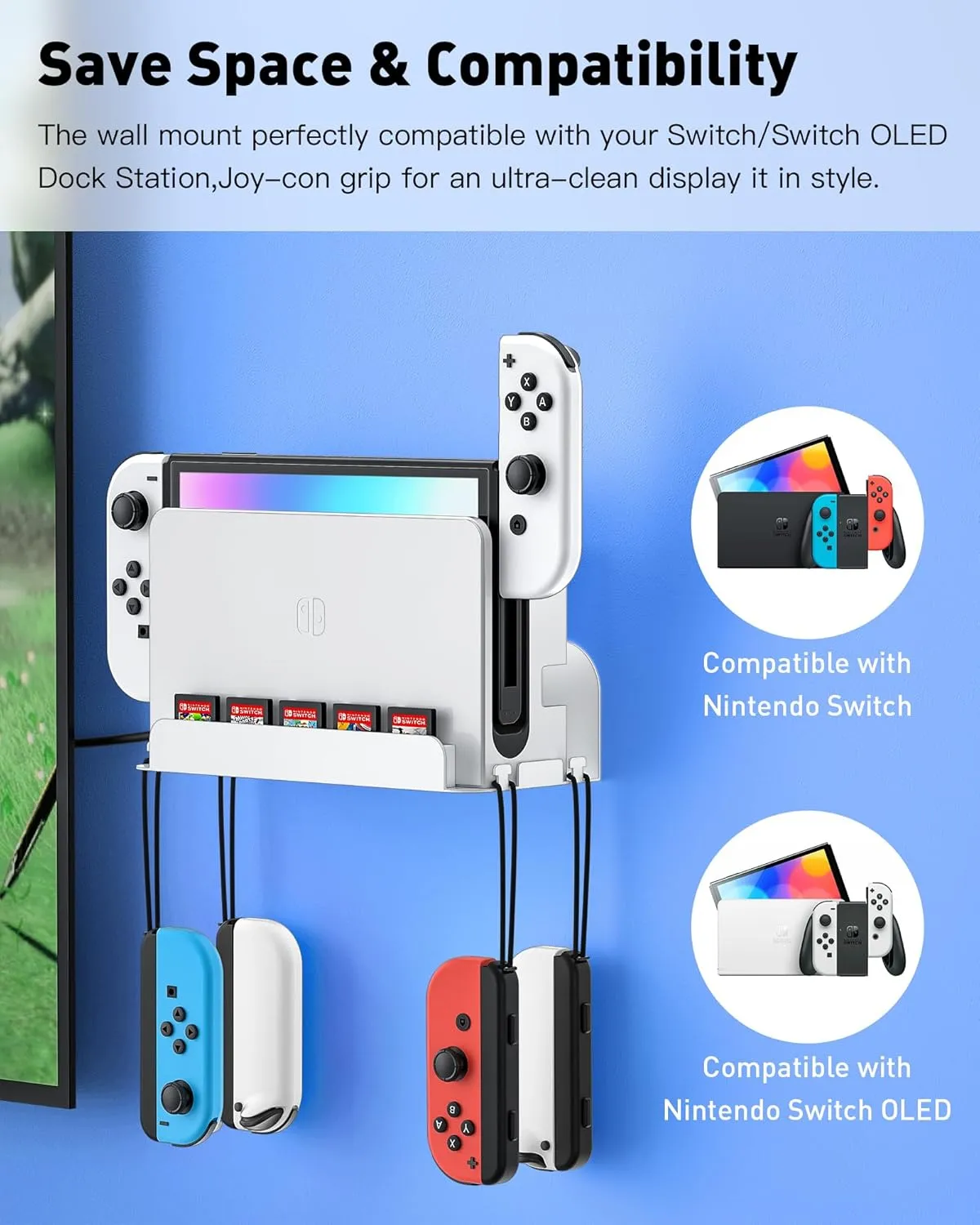 Wall Mount for Nintendo Switch and Switch OLED, Metal Wall Mount Kit Shelf with 5 Game Card Holders and 4 Joy Con Hanger, Safely Store Switch Near or Behind TV, White