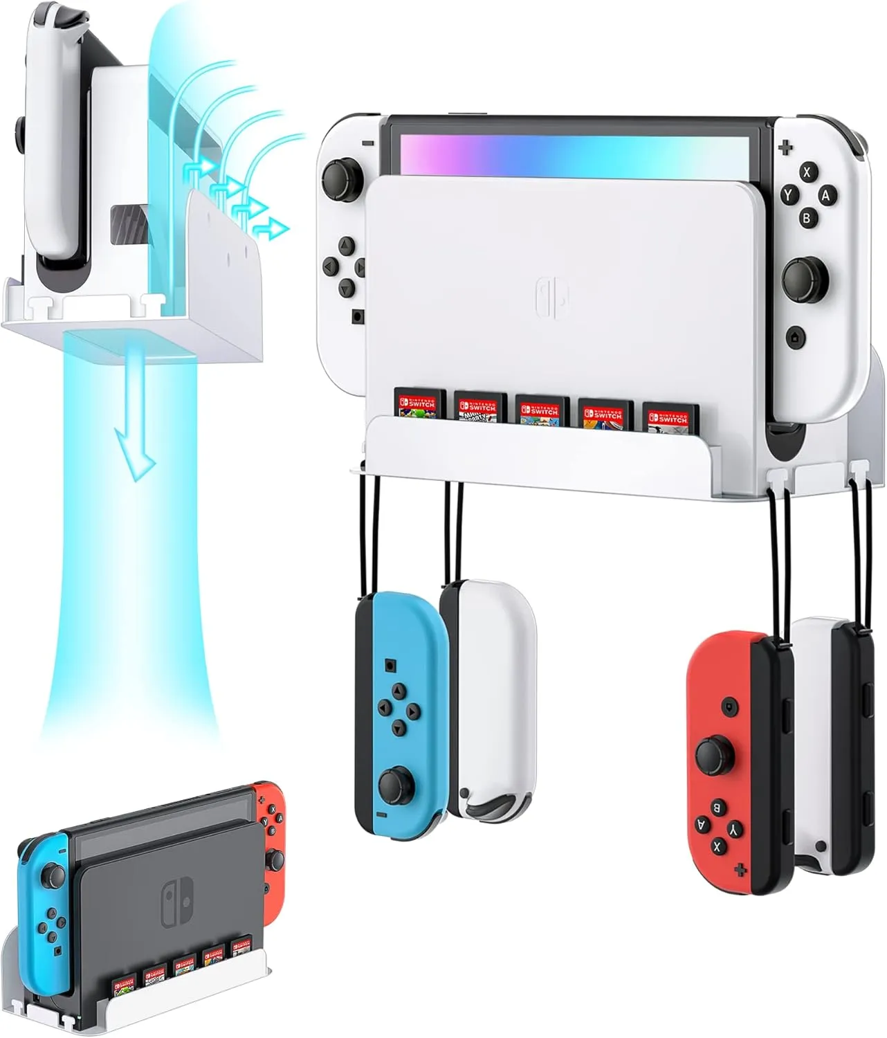 Wall Mount for Nintendo Switch and Switch OLED, Metal Wall Mount Kit Shelf with 5 Game Card Holders and 4 Joy Con Hanger, Safely Store Switch Near or Behind TV, White