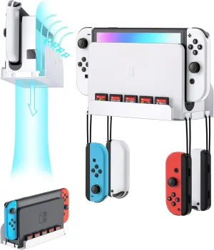 Wall Mount for Nintendo Switch and Switch OLED, Metal Wall Mount Kit Shelf with 5 Game Card Holders and 4 Joy Con Hanger, Safely Store Switch Near or Behind TV, White