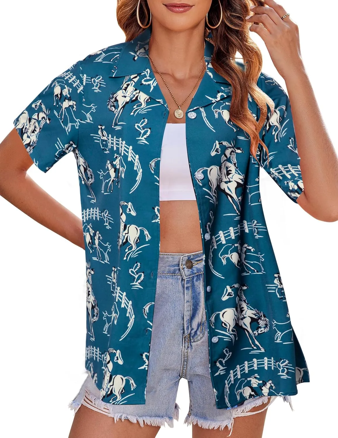 Western Button Down Shirt Women: Cowgirl Short Sleeve Boho Tops Hawaiian Tropical Graphic Tees Summer Vacation Outfit