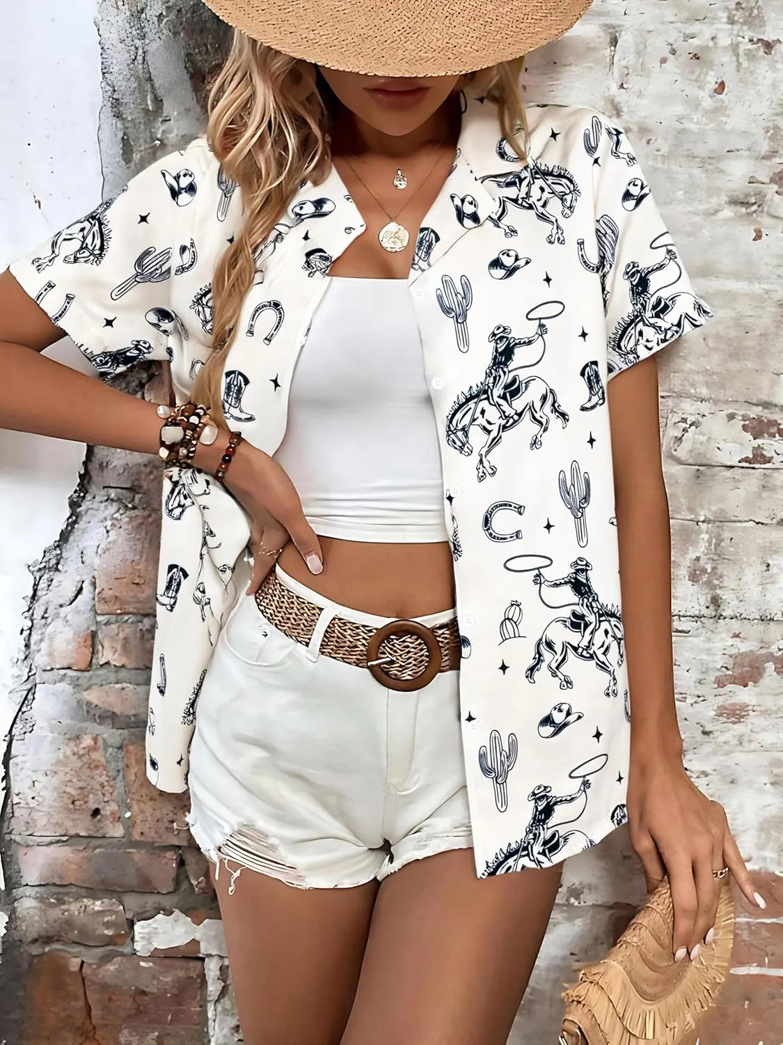 Western Button Down Shirt Women: Cowgirl Short Sleeve Boho Tops Hawaiian Tropical Graphic Tees Summer Vacation Outfit