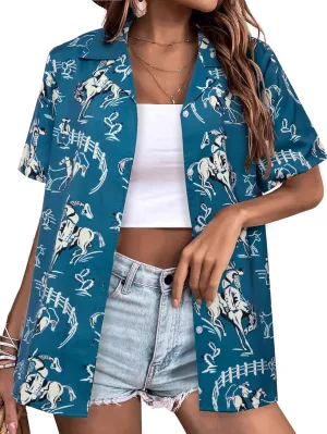 Western Button Down Shirt Women: Cowgirl Short Sleeve Boho Tops Hawaiian Tropical Graphic Tees Summer Vacation Outfit