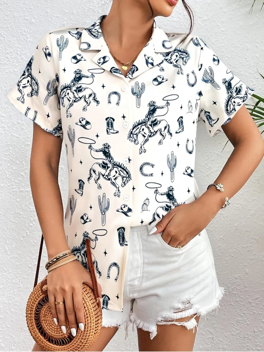 Western Button Down Shirt Women: Cowgirl Short Sleeve Boho Tops Hawaiian Tropical Graphic Tees Summer Vacation Outfit