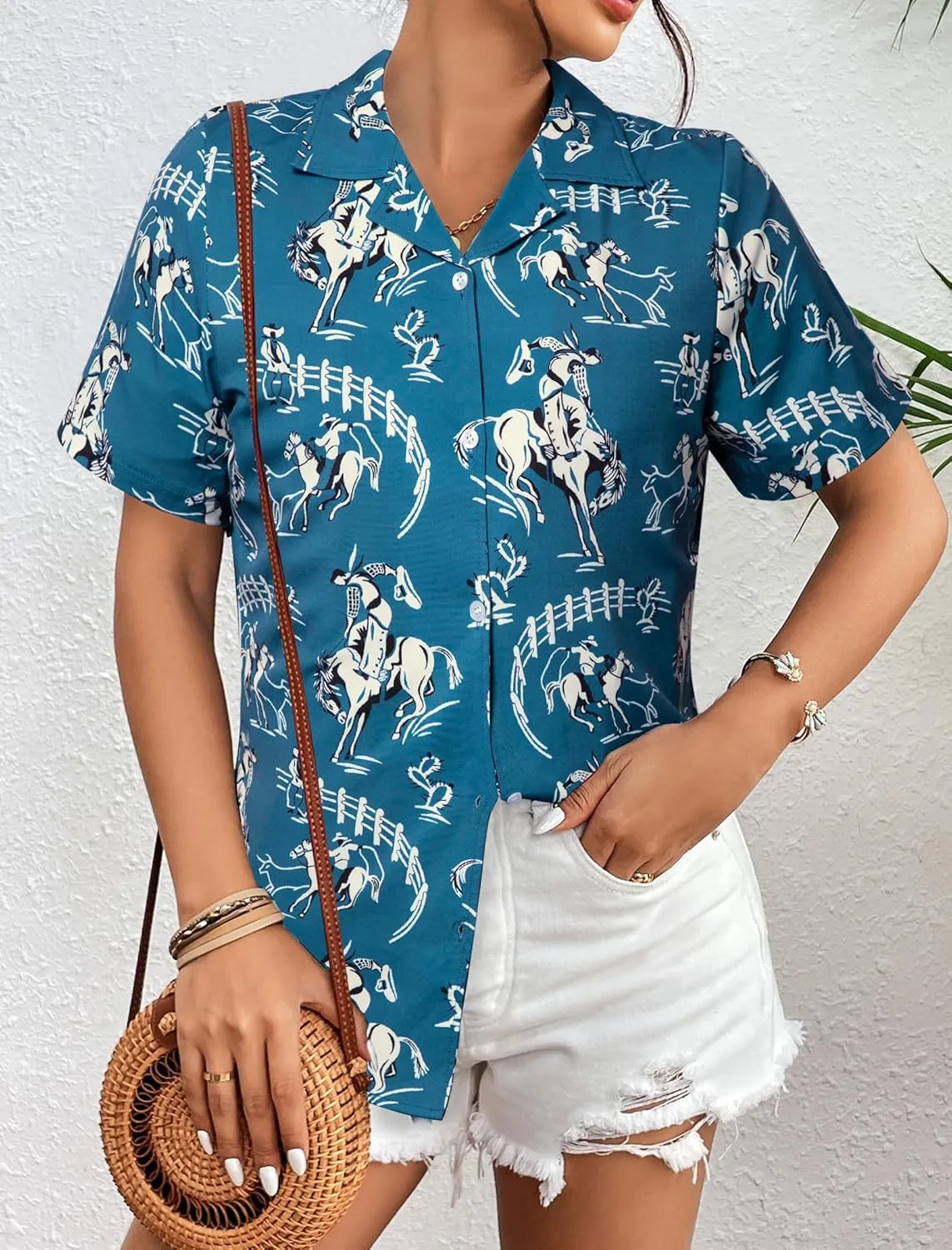 Western Button Down Shirt Women: Cowgirl Short Sleeve Boho Tops Hawaiian Tropical Graphic Tees Summer Vacation Outfit