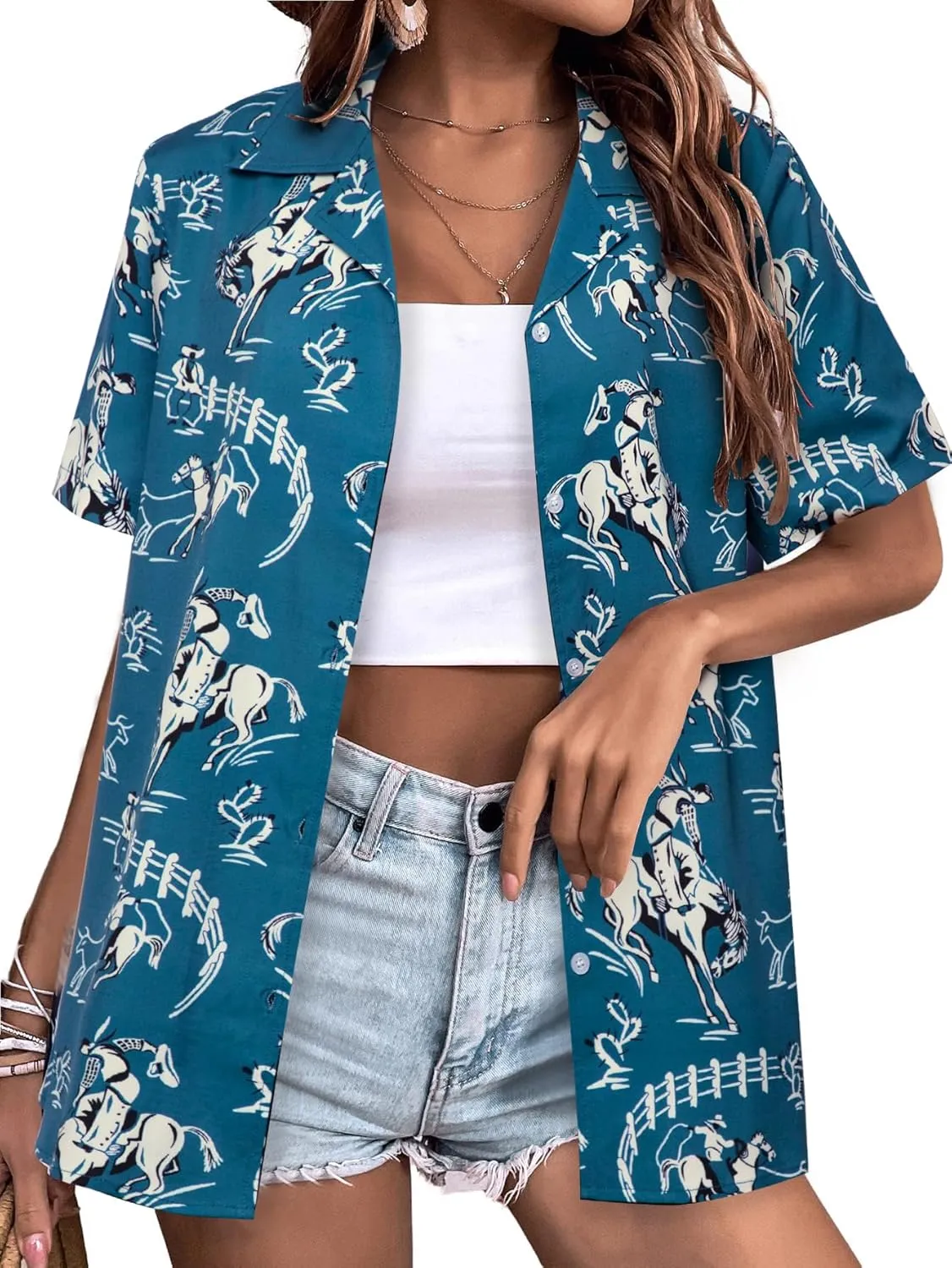 Western Button Down Shirt Women: Cowgirl Short Sleeve Boho Tops Hawaiian Tropical Graphic Tees Summer Vacation Outfit