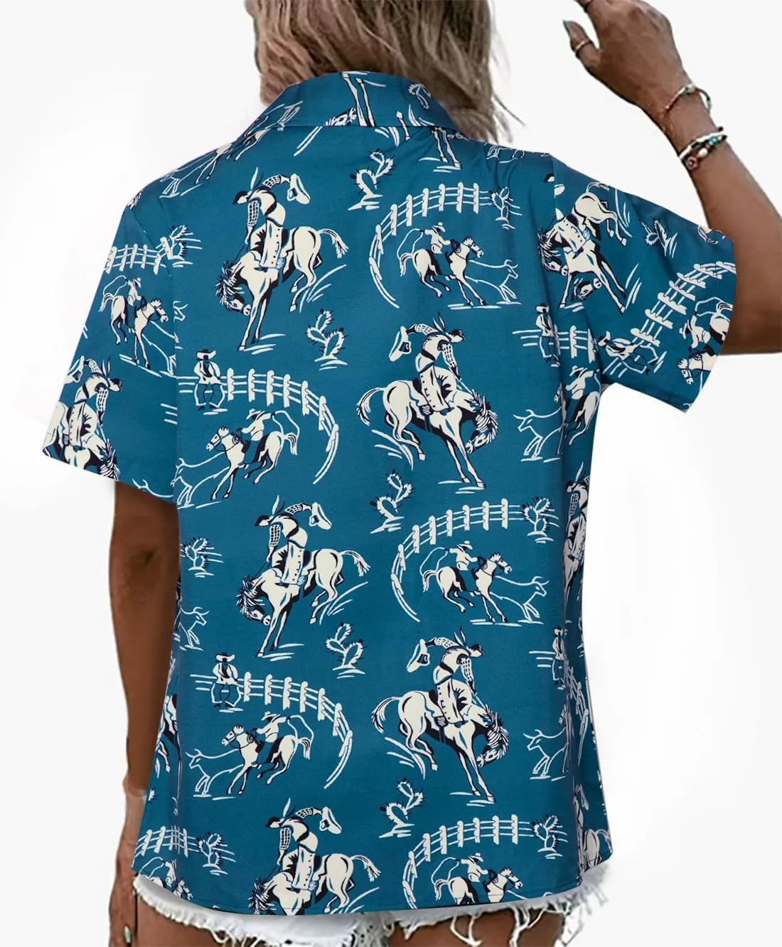 Western Button Down Shirt Women: Cowgirl Short Sleeve Boho Tops Hawaiian Tropical Graphic Tees Summer Vacation Outfit