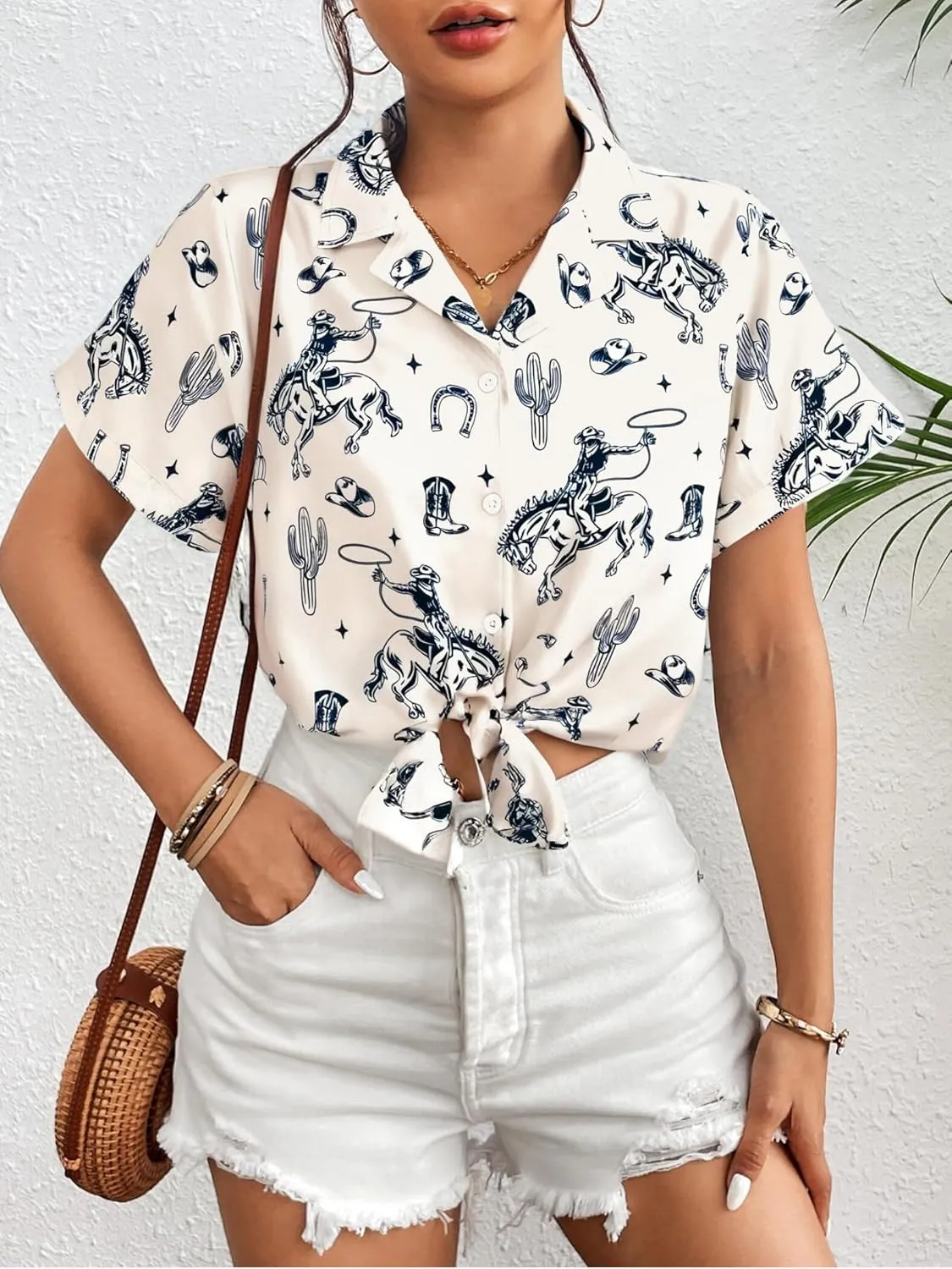 Western Button Down Shirt Women: Cowgirl Short Sleeve Boho Tops Hawaiian Tropical Graphic Tees Summer Vacation Outfit
