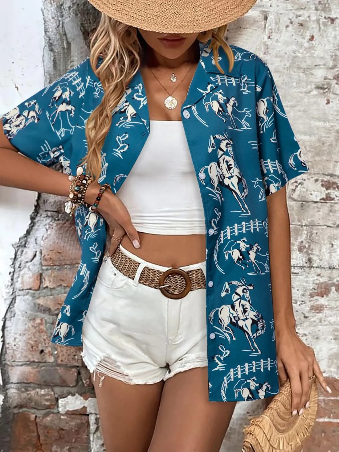 Western Button Down Shirt Women: Cowgirl Short Sleeve Boho Tops Hawaiian Tropical Graphic Tees Summer Vacation Outfit