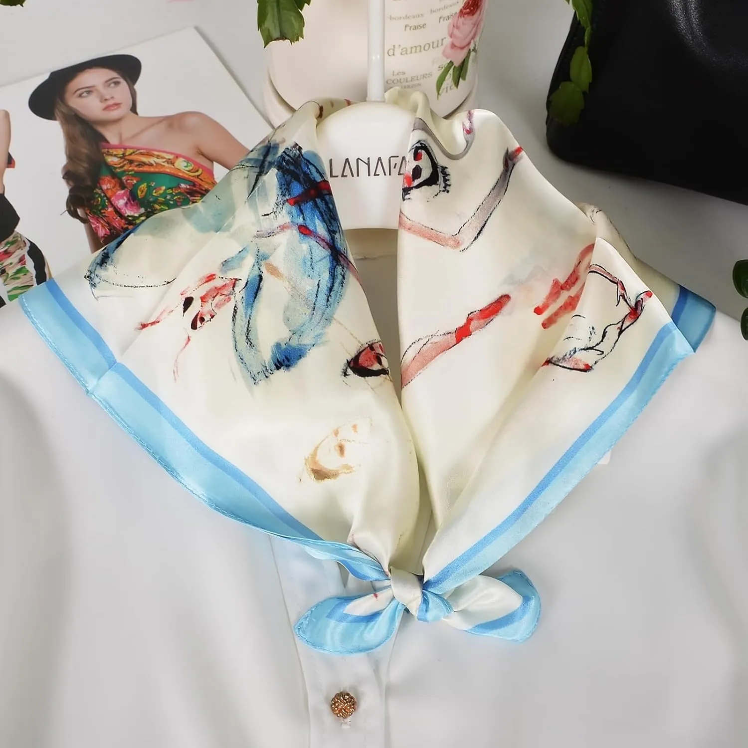 Women 100% Mulberry Silk Neck Scarf Lightweight Digital Print Small Square Scarfs- Neckerchief Gift Packing 21"*21"