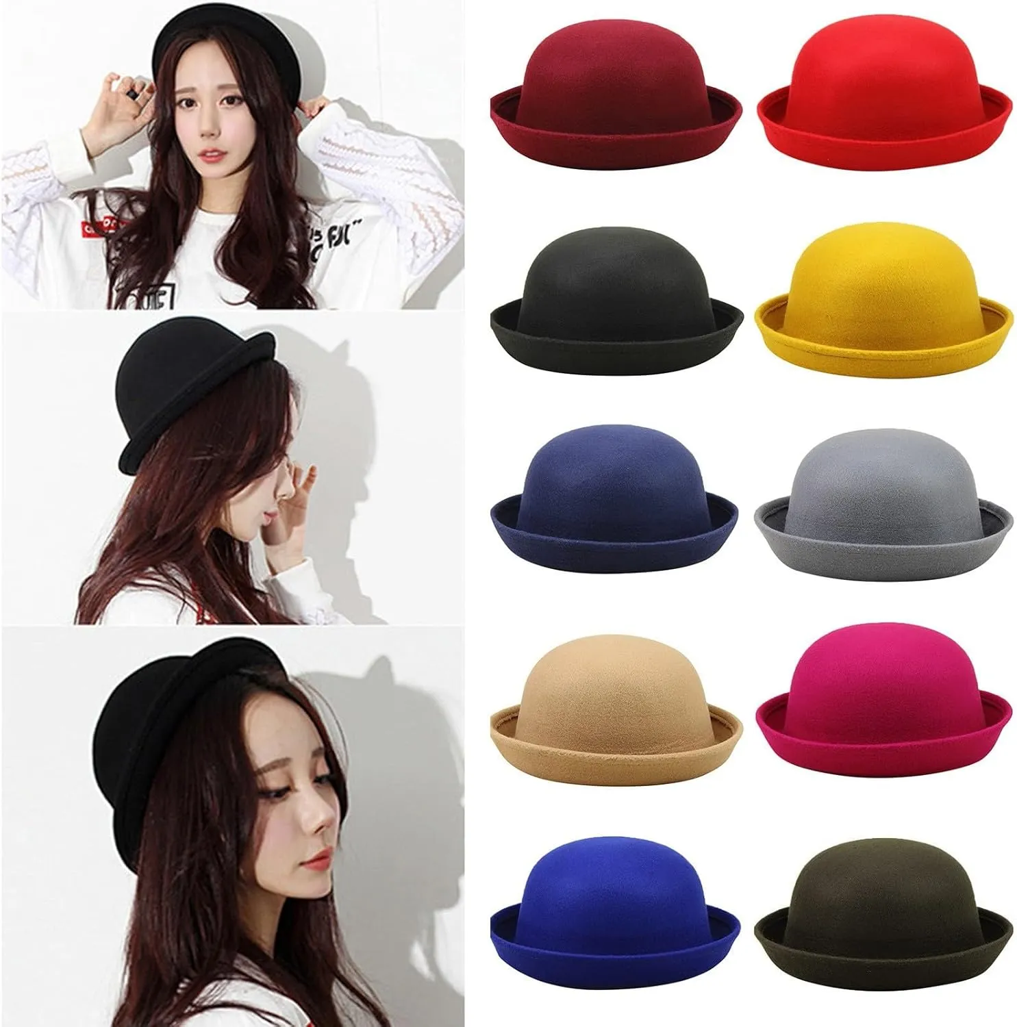 Women Felt Hat, Bucket Hat, Adjustable Vintage Bowler Suede Wool Hat with Bowknot Fall Bell Round Cap