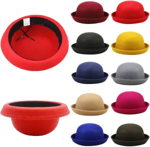 Women Felt Hat, Bucket Hat, Adjustable Vintage Bowler Suede Wool Hat with Bowknot Fall Bell Round Cap