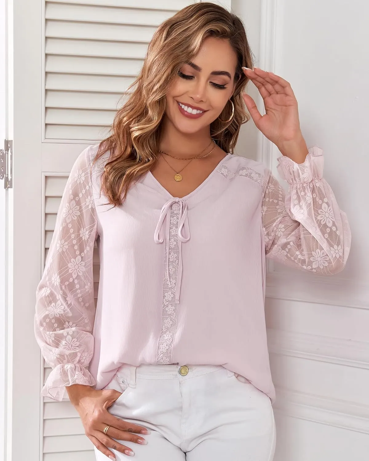 Women's Long Sleeve Drawstring Tops V Neck Dressy Casual Chiffon Blouses Elegant Double Layers Shirts