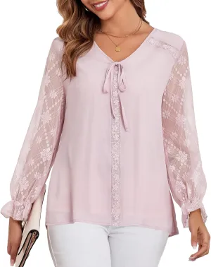 Women's Long Sleeve Drawstring Tops V Neck Dressy Casual Chiffon Blouses Elegant Double Layers Shirts