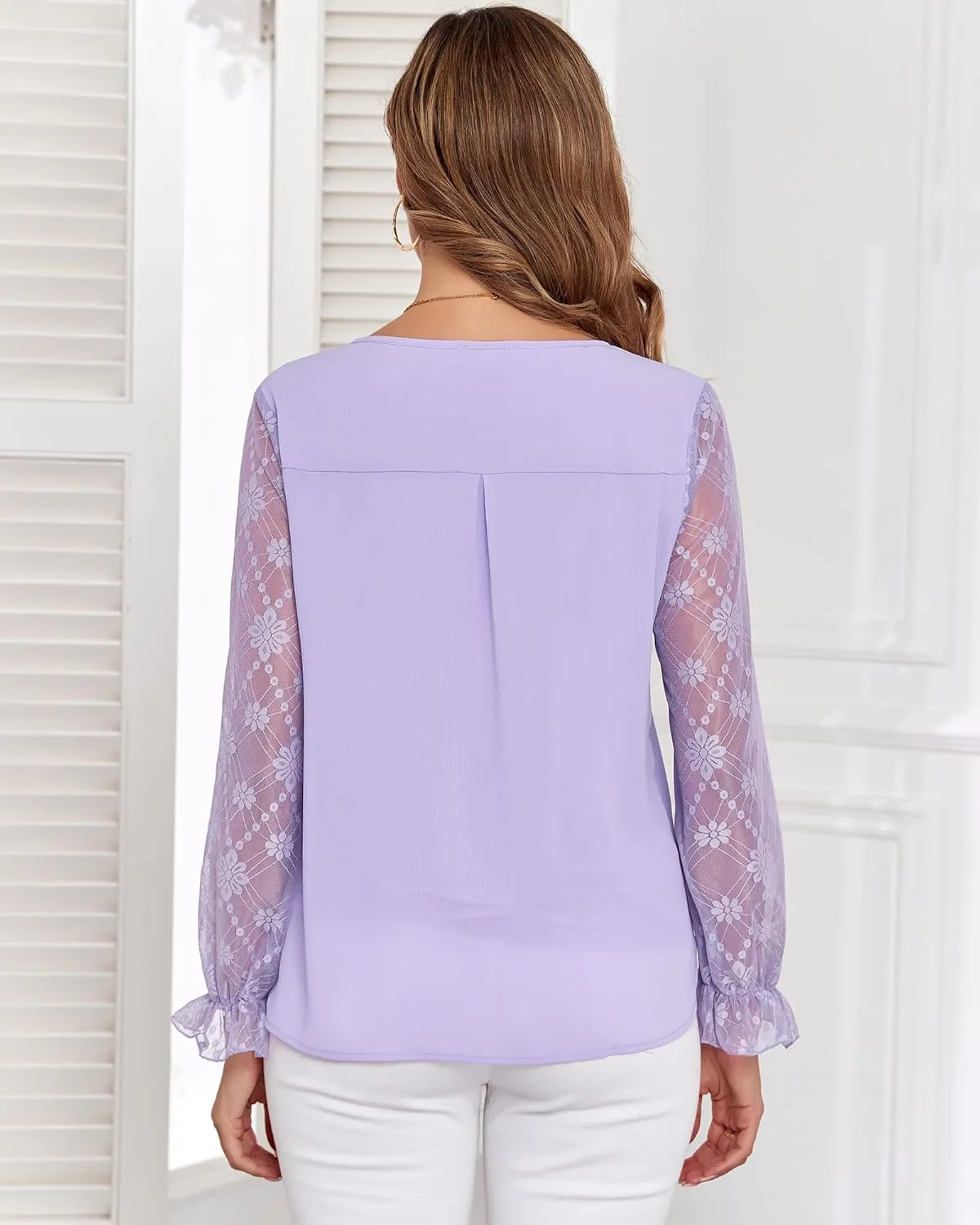 Women's Long Sleeve Drawstring Tops V Neck Dressy Casual Chiffon Blouses Elegant Double Layers Shirts