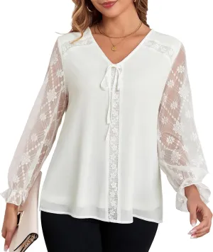 Women's Long Sleeve Drawstring Tops V Neck Dressy Casual Chiffon Blouses Elegant Double Layers Shirts