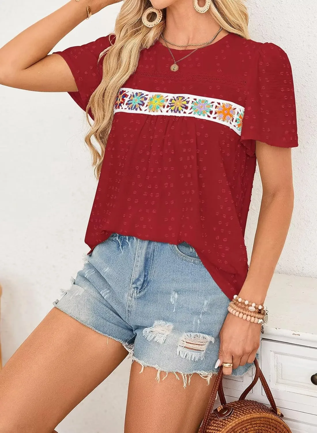 Womens Summer Tops Boho Crewneck Short Sleeve Shirts Floral Crochet Chiffon Blouses Flowy Casual Swiss Dot Clothing