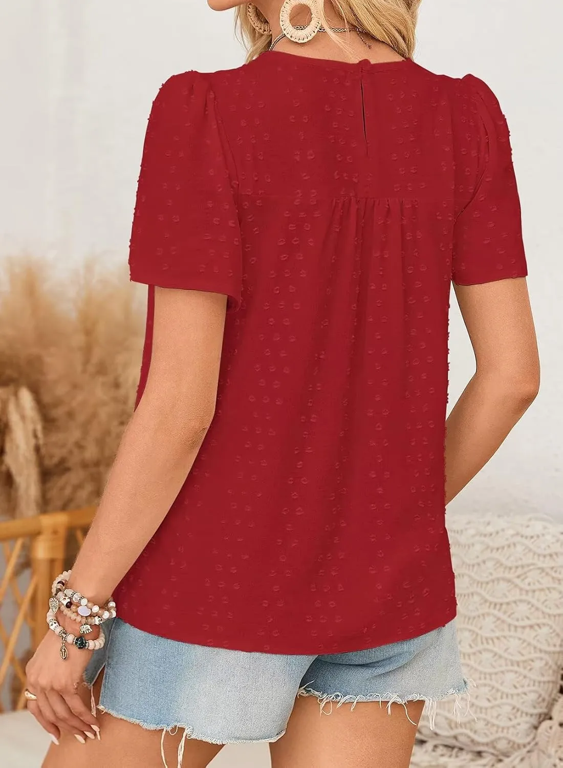 Womens Summer Tops Boho Crewneck Short Sleeve Shirts Floral Crochet Chiffon Blouses Flowy Casual Swiss Dot Clothing