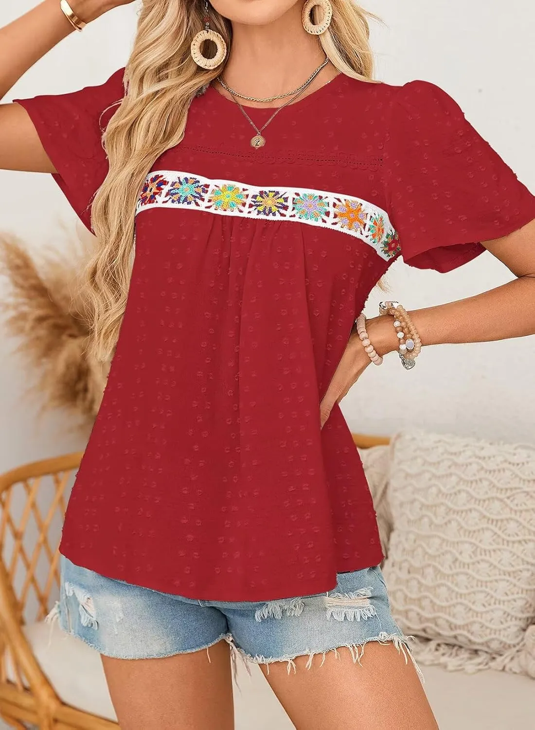 Womens Summer Tops Boho Crewneck Short Sleeve Shirts Floral Crochet Chiffon Blouses Flowy Casual Swiss Dot Clothing