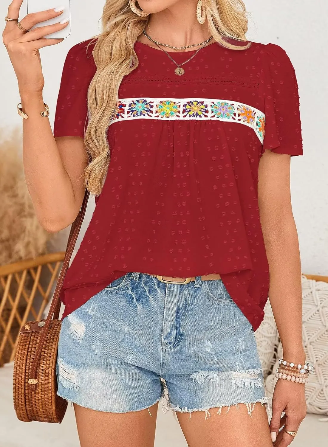 Womens Summer Tops Boho Crewneck Short Sleeve Shirts Floral Crochet Chiffon Blouses Flowy Casual Swiss Dot Clothing