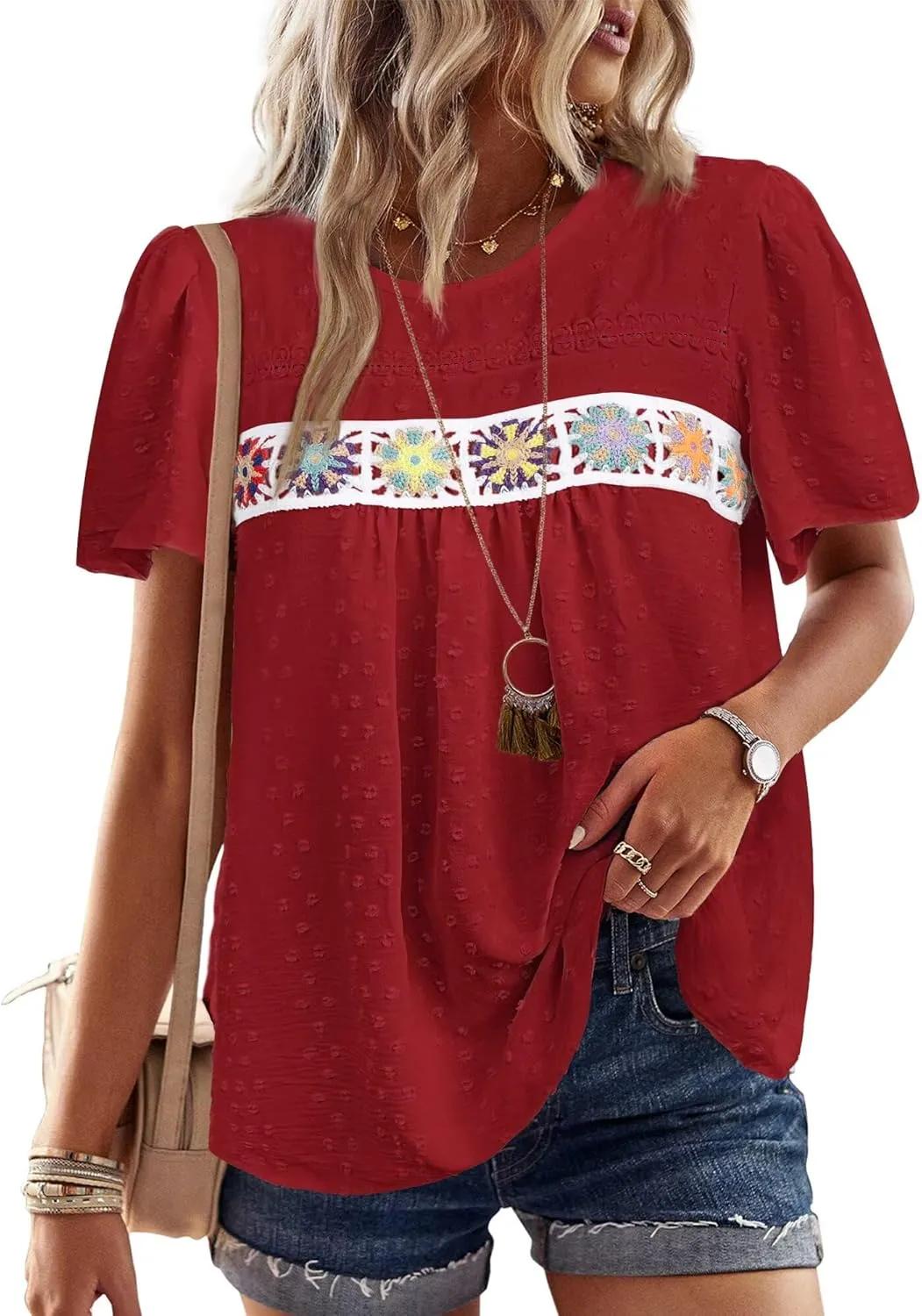 Womens Summer Tops Boho Crewneck Short Sleeve Shirts Floral Crochet Chiffon Blouses Flowy Casual Swiss Dot Clothing