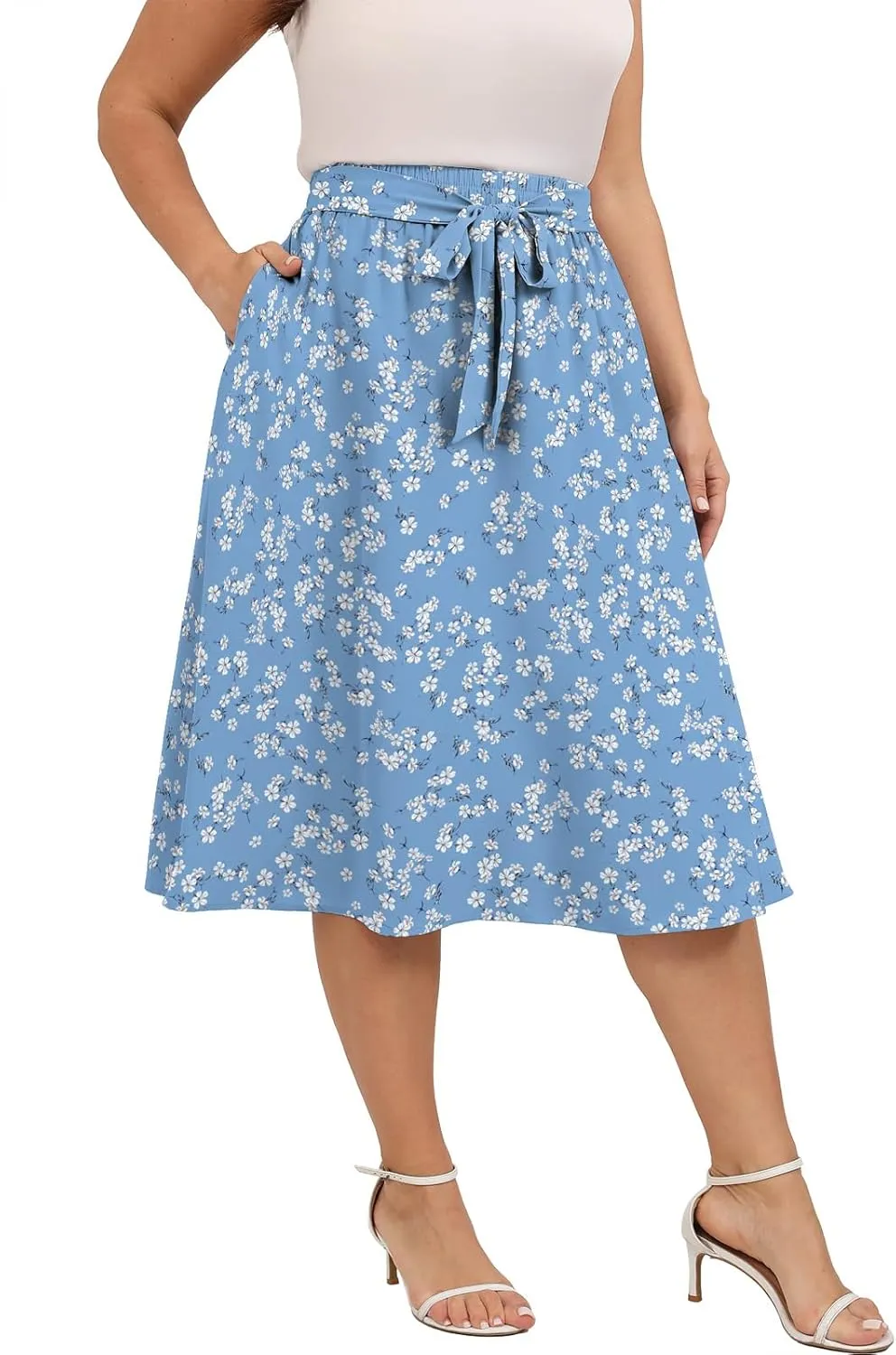 Xpenyo Womens Plus Size Midi Skirts Summer Elastic High Waisted Boho Casual Beach Flowy Swing Knee Length Skirts with Pockets