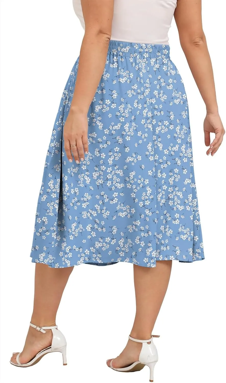 Xpenyo Womens Plus Size Midi Skirts Summer Elastic High Waisted Boho Casual Beach Flowy Swing Knee Length Skirts with Pockets