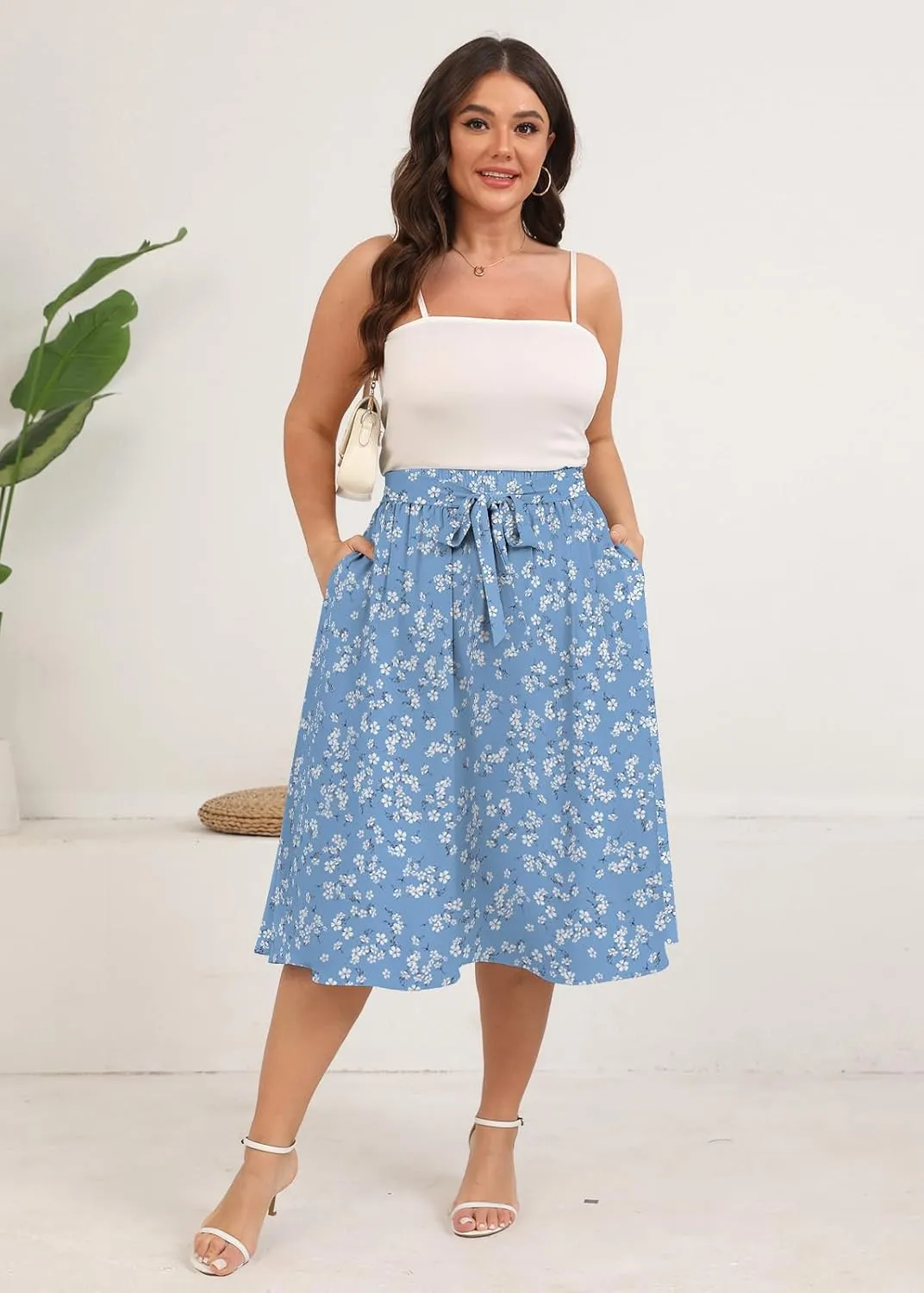 Xpenyo Womens Plus Size Midi Skirts Summer Elastic High Waisted Boho Casual Beach Flowy Swing Knee Length Skirts with Pockets