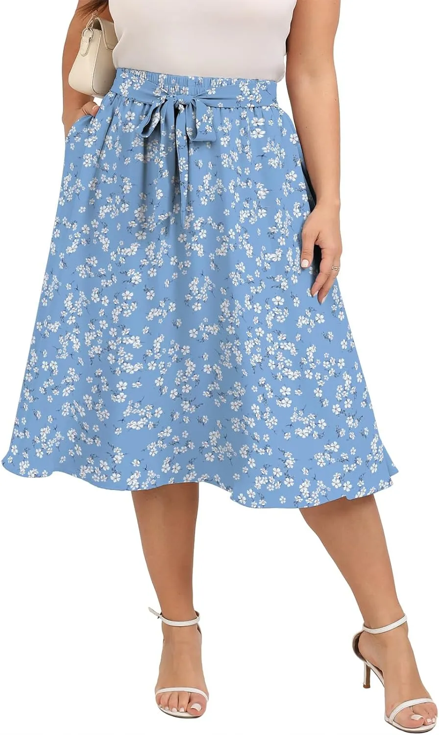 Xpenyo Womens Plus Size Midi Skirts Summer Elastic High Waisted Boho Casual Beach Flowy Swing Knee Length Skirts with Pockets