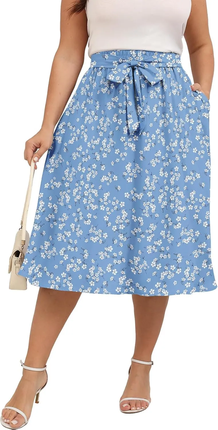 Xpenyo Womens Plus Size Midi Skirts Summer Elastic High Waisted Boho Casual Beach Flowy Swing Knee Length Skirts with Pockets